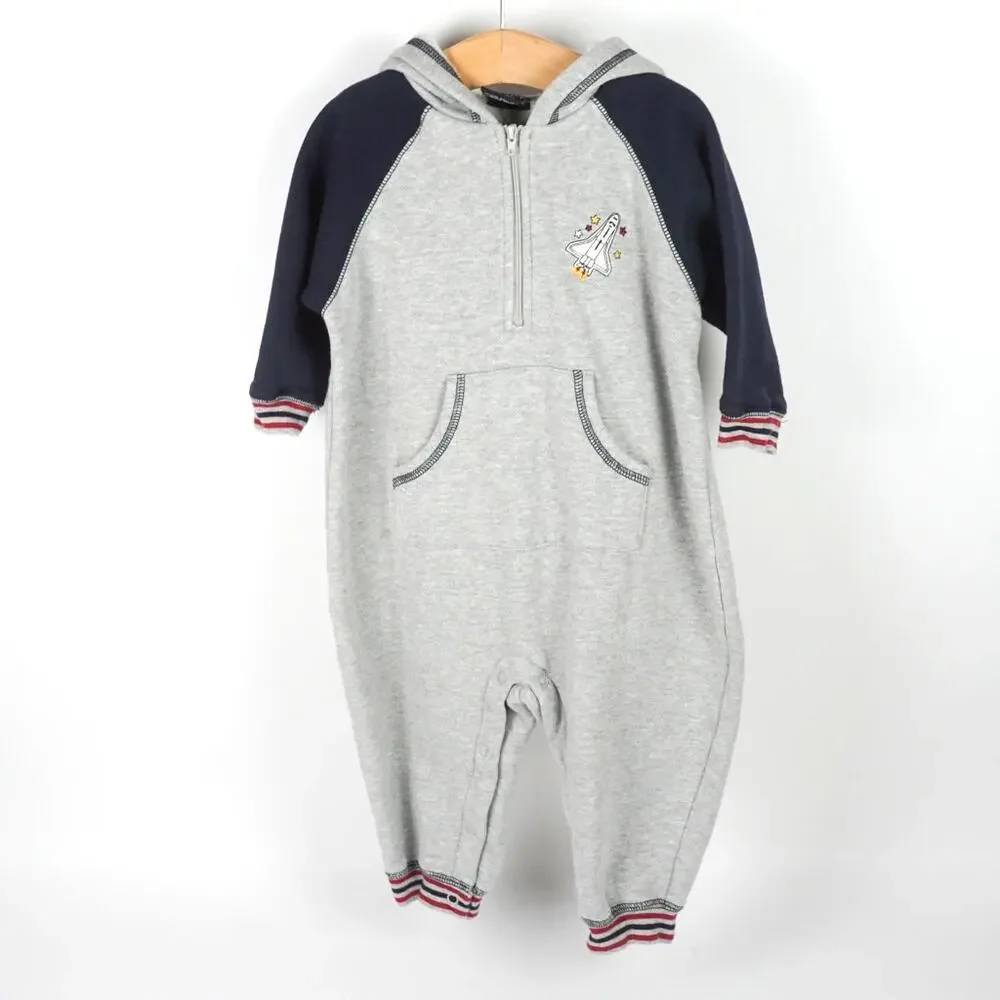 The Children's Place One-Piece Fleece Hooded Rocket Ship Coverall Gray Baby 18m‎
